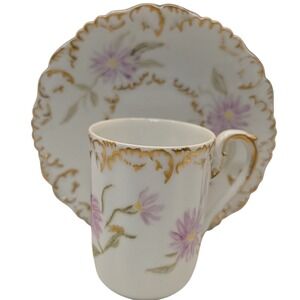 Antique Limoges Demitasse Cup and Saucer Hand Painted Floral Gold Trim Two Piece